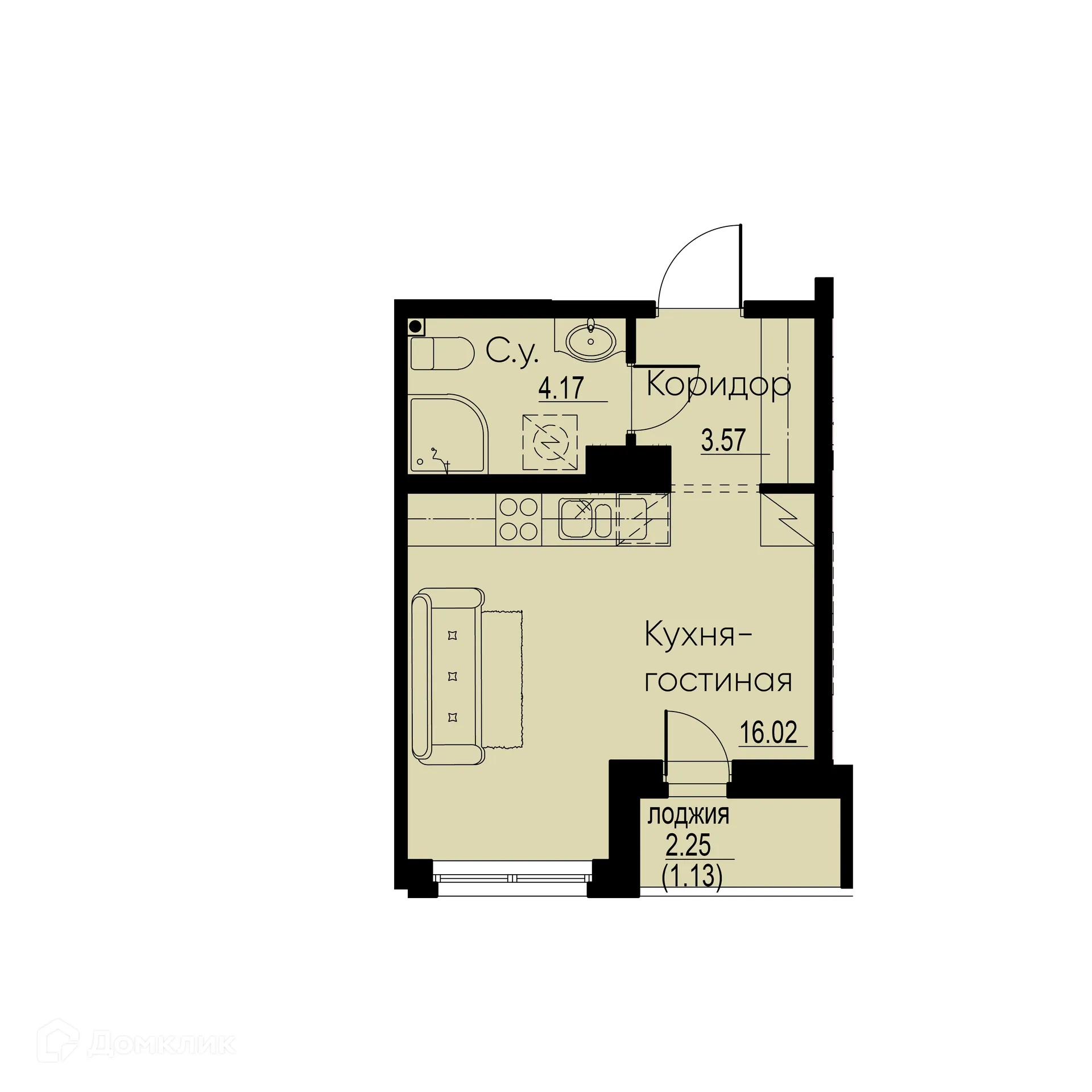 Планировка студии квартиры 24.89 м² в ЖК "ID Murino II (Ай ди Мурино II)", г. Мурино — фото 1