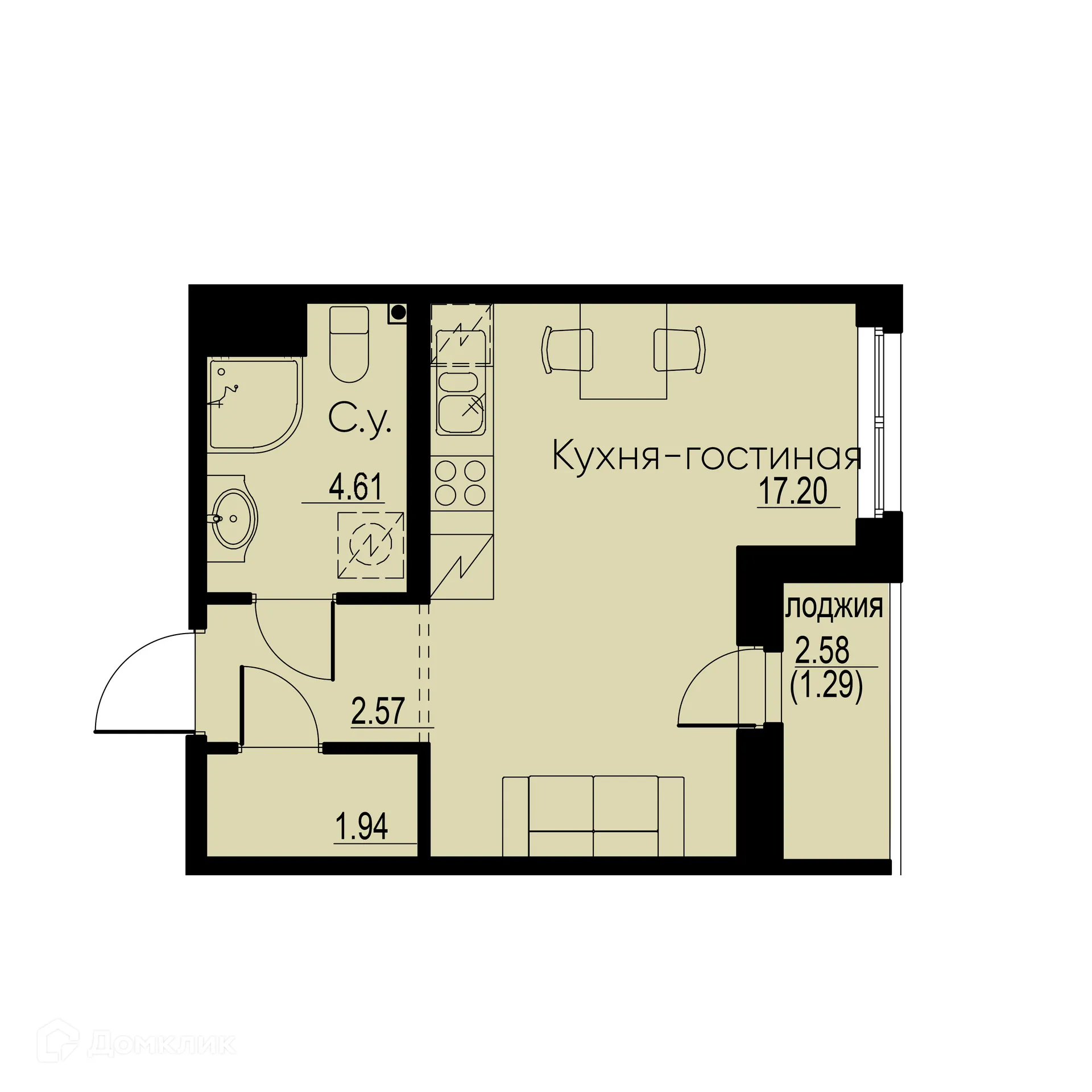 Планировка студии квартиры 27.61 м² в ЖК "ID Murino II (Ай ди Мурино II)", г. Мурино — фото 1