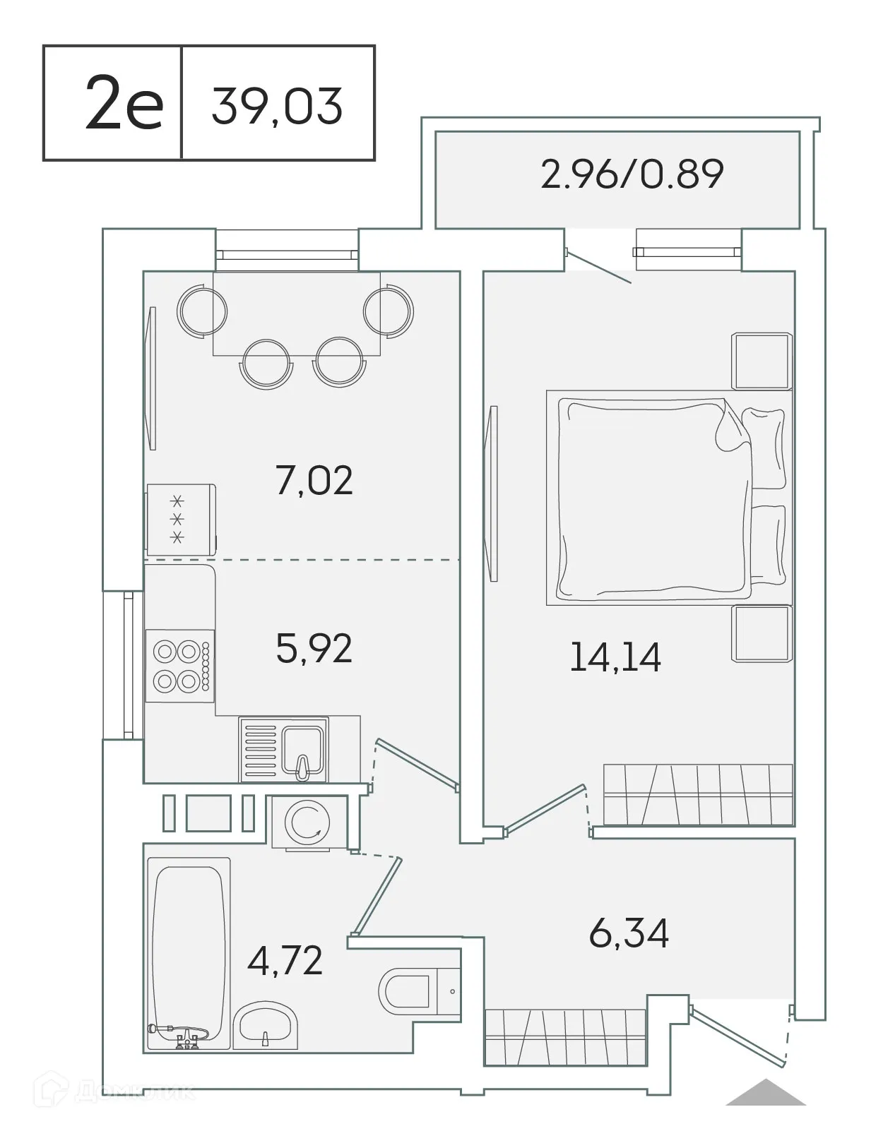 Планировка 1-комнатной квартиры 38.3 м² в ЖК "Лампо", г. Мурино — фото 1