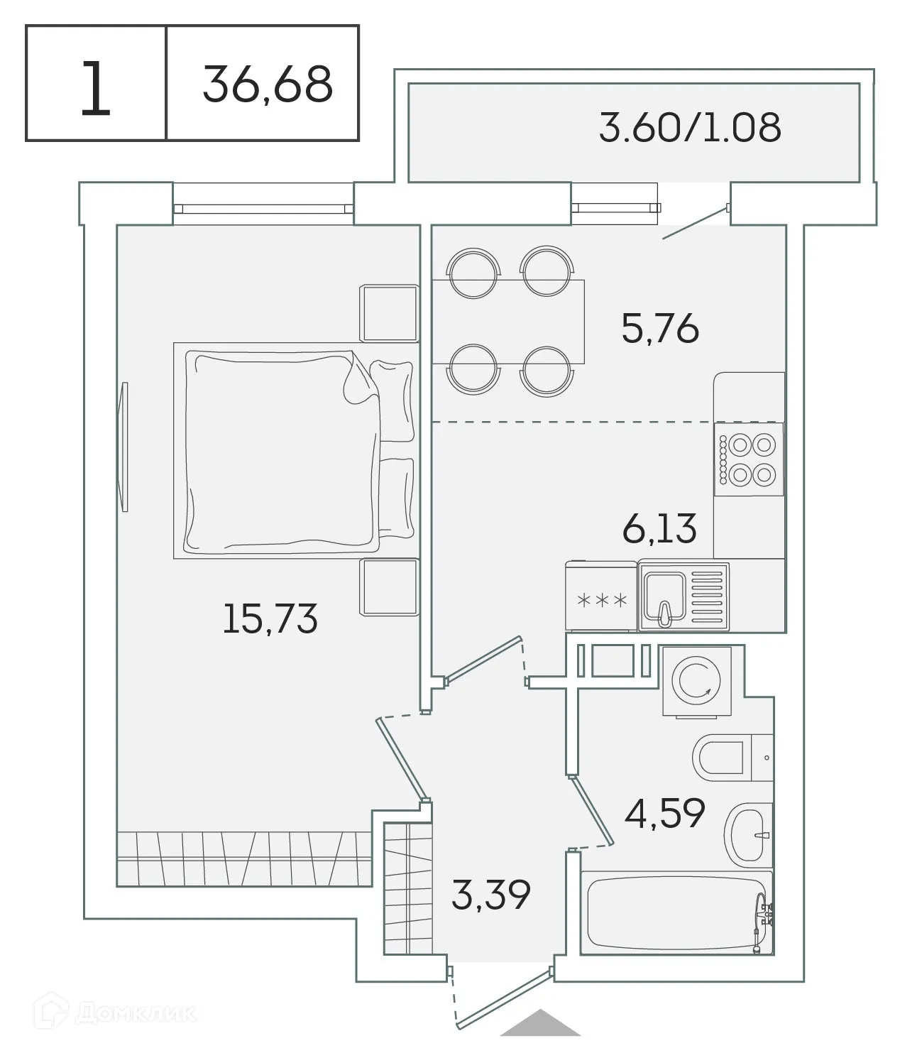 Планировка 1-комнатной квартиры 35.4 м² в ЖК "Лампо", г. Мурино — фото 1