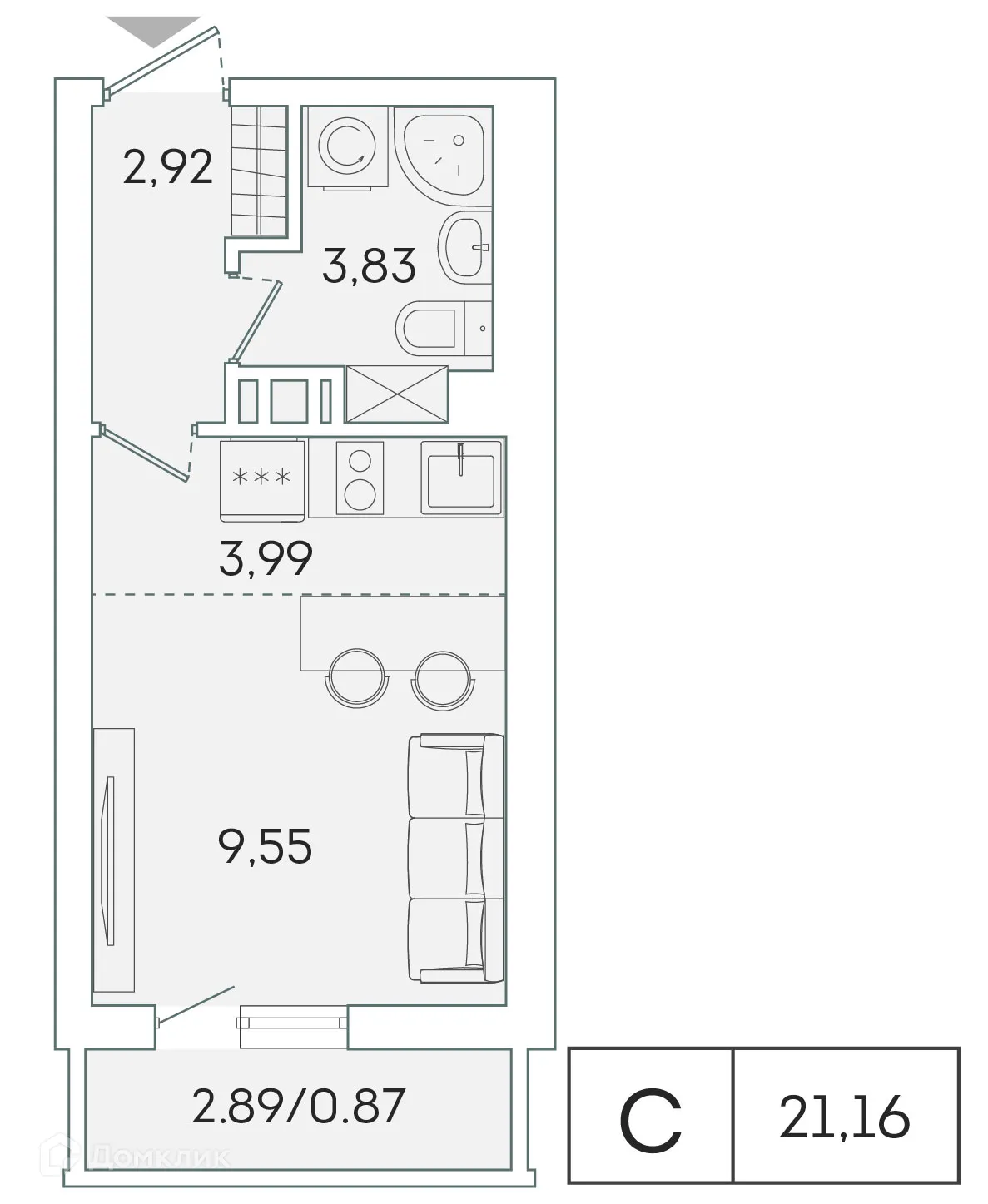 Планировка студии квартиры 20.4 м² в ЖК "Лампо", г. Мурино — фото 1