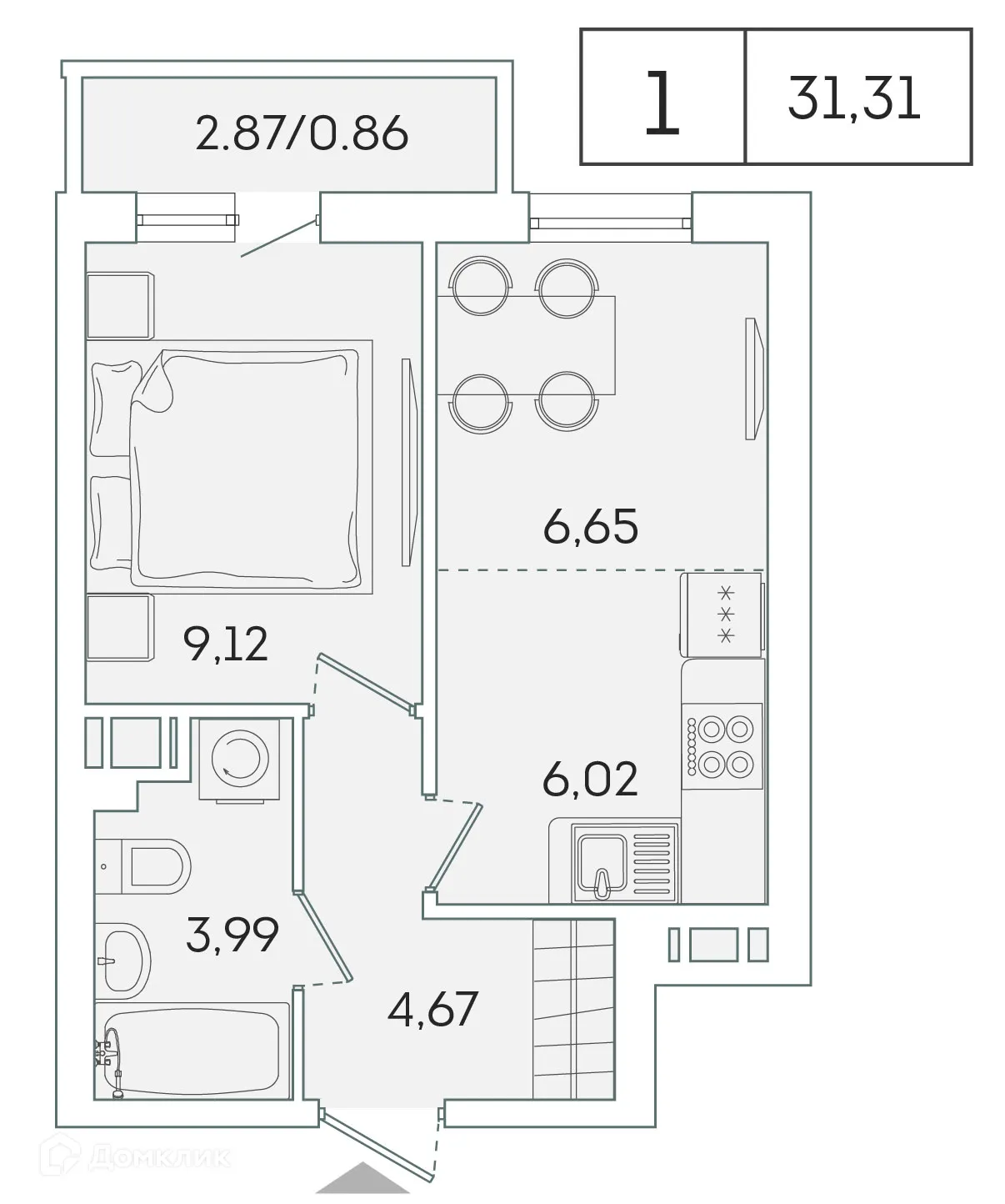 Планировка 1-комнатной квартиры 30.4 м² в ЖК "Лампо", г. Мурино — фото 1