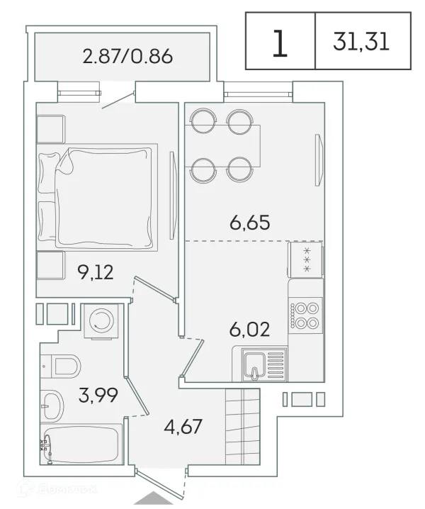 Планировка 1 комн. в ЖК "Лампо"