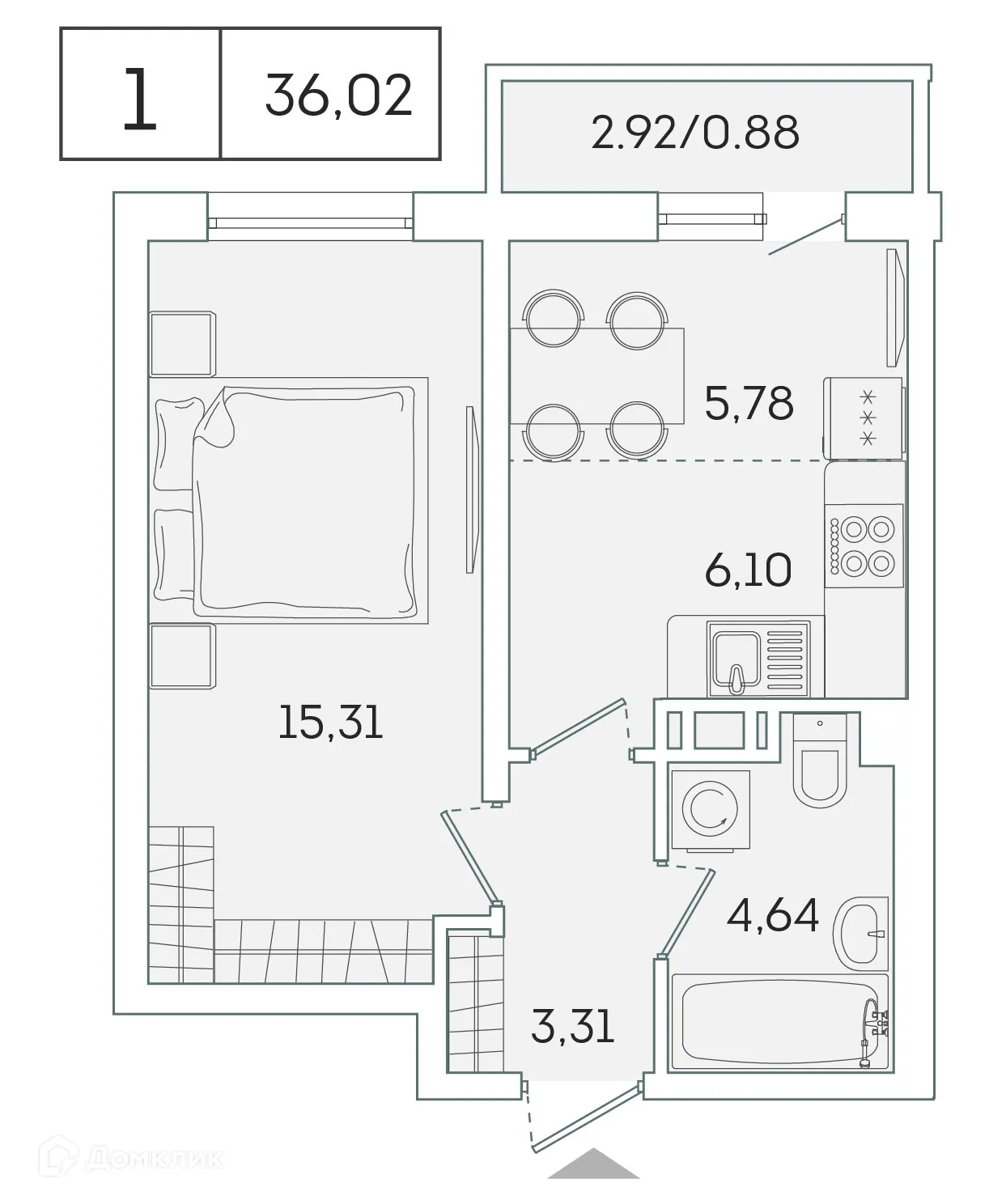 Планировка 1-комнатной квартиры 35.3 м² в ЖК "Лампо", г. Мурино — фото 1