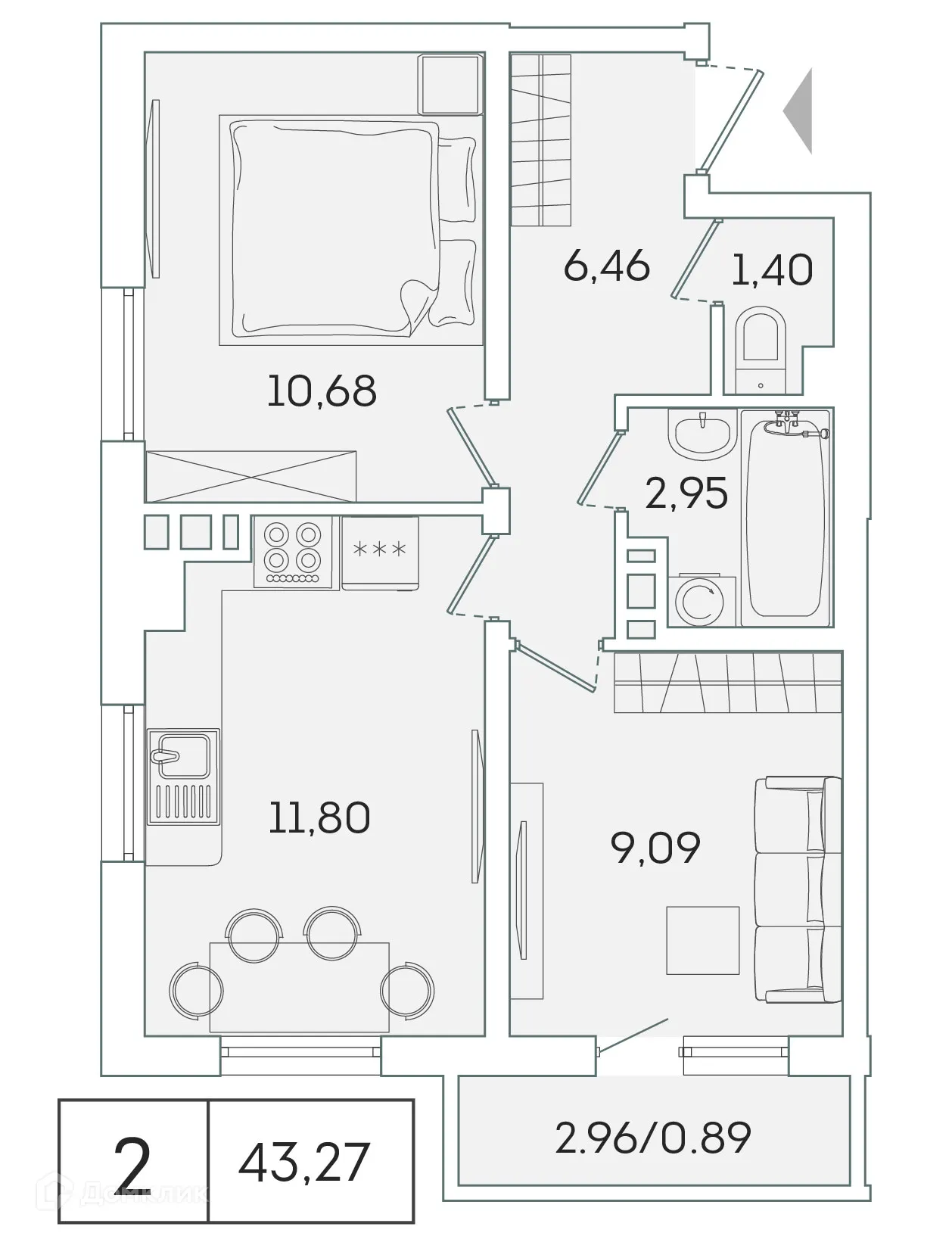 Планировка 2-комнатной квартиры 42.3 м² в ЖК "Лампо", г. Мурино — фото 1