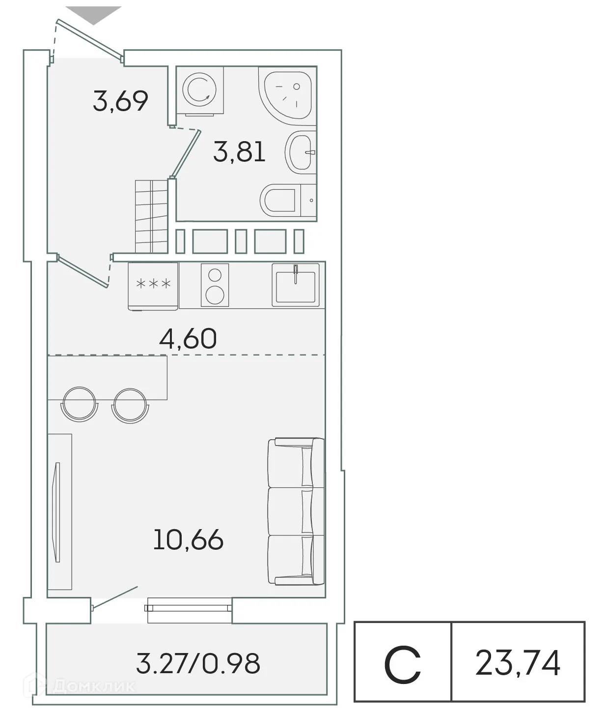 Планировка студии квартиры 22.8 м² в ЖК "Лампо", г. Мурино — фото 1