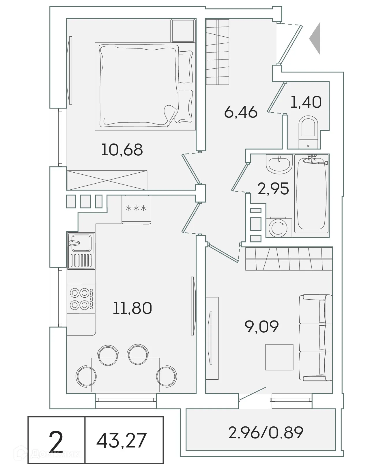 Планировка 2-комнатной квартиры 42.1 м² в ЖК "Лампо", г. Мурино — фото 1