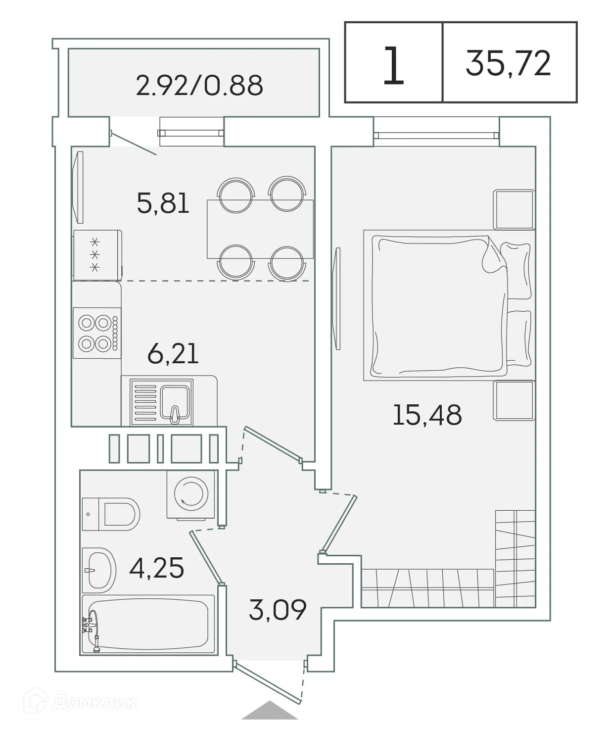 Планировка 1-комнатной квартиры 34.7 м² в ЖК "Лампо", г. Мурино — фото 1