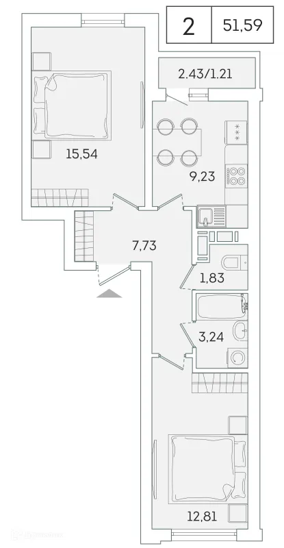 Планировка 2 комн. в ЖК "Лампо"