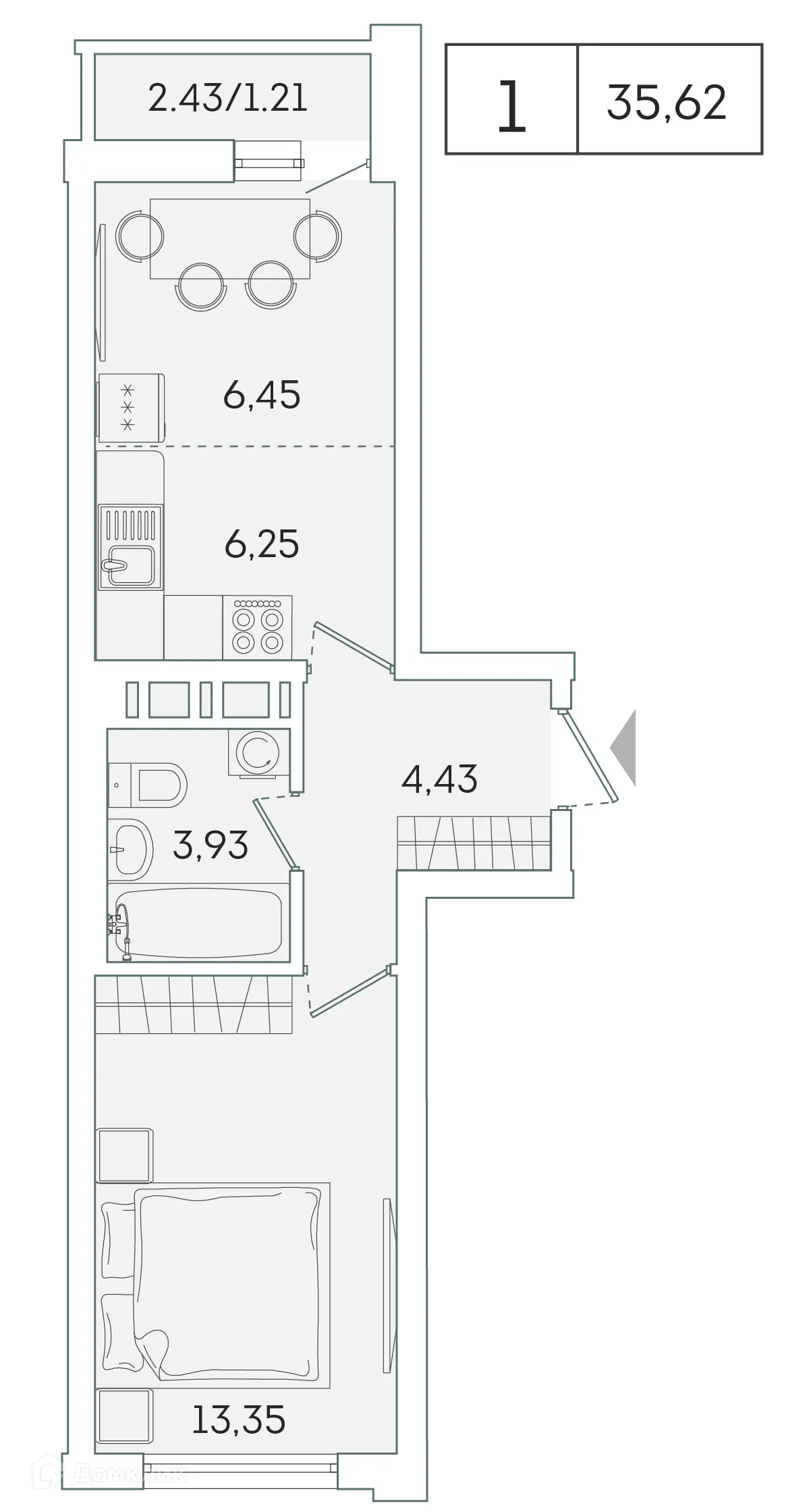 Планировка 1-комнатной квартиры 34.2 м² в ЖК "Лампо", г. Мурино — фото 1
