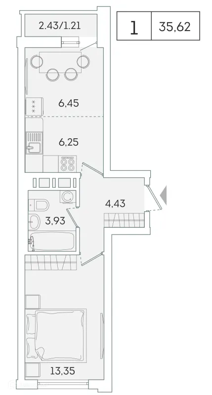 Планировка 1 комн. в ЖК "Лампо"