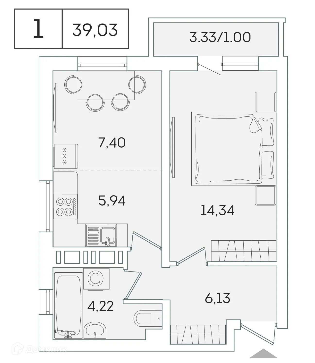 Планировка 1-комнатной квартиры 38 м² в ЖК "Лампо", г. Мурино — фото 1