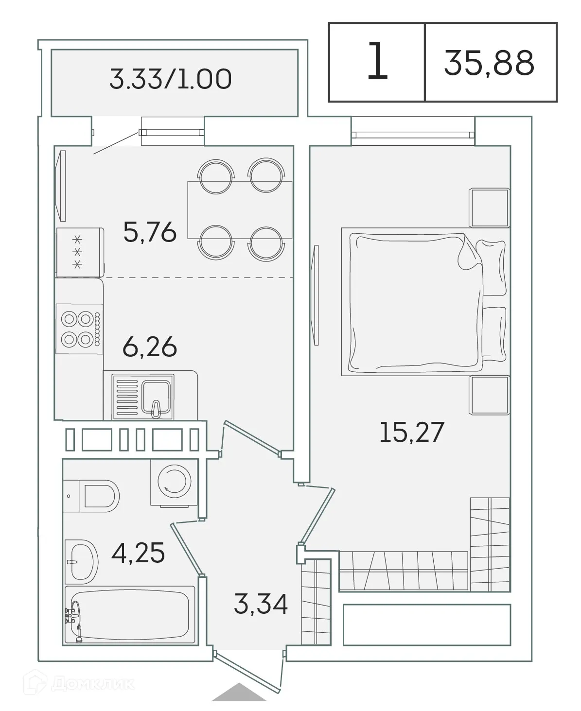 Планировка 1-комнатной квартиры 34.9 м² в ЖК "Лампо", г. Мурино — фото 1