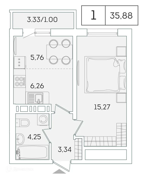 Планировка 1 комн. в ЖК "Лампо"