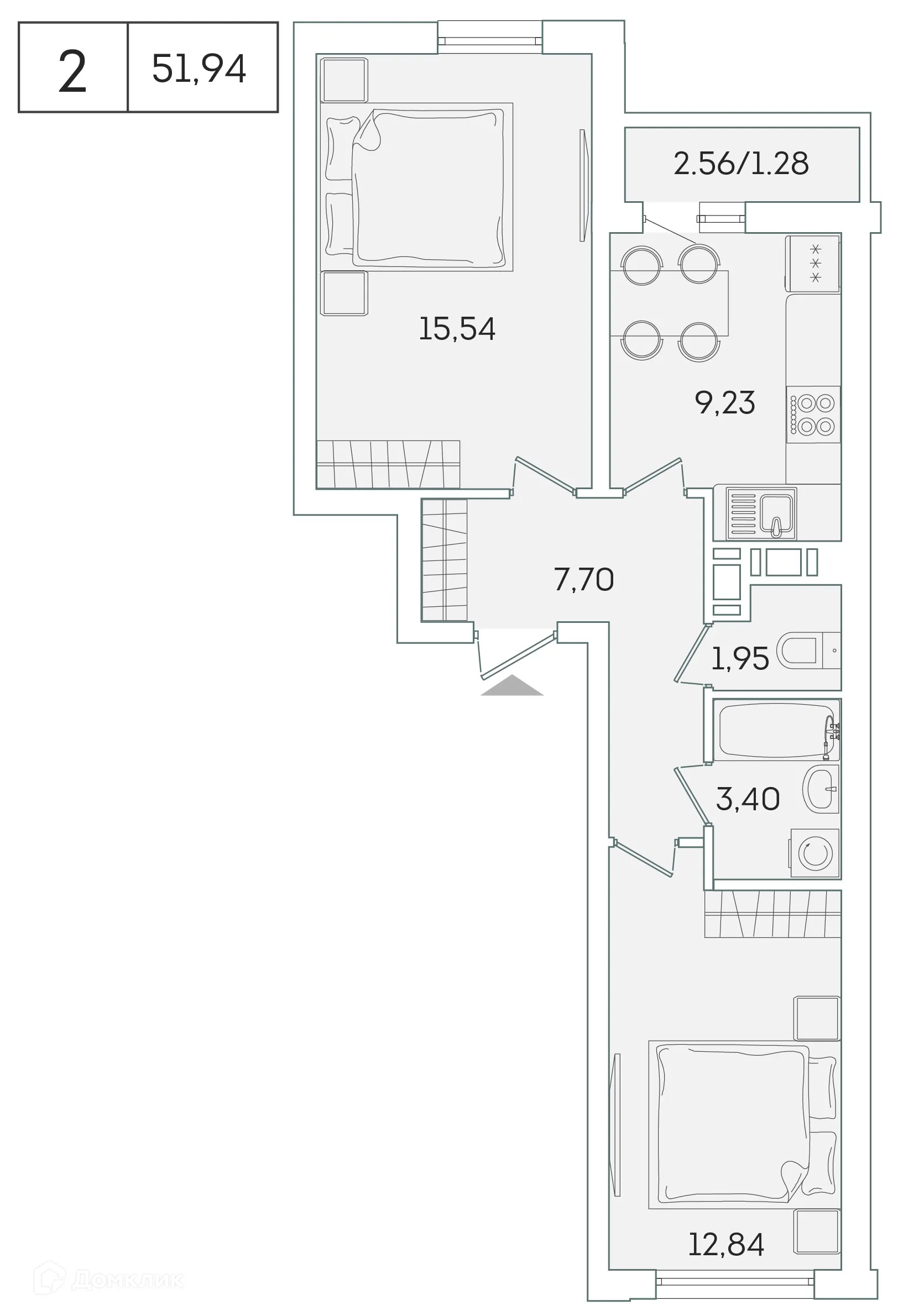 Планировка 2-комнатной квартиры 50.5 м² в ЖК "Лампо", г. Мурино — фото 1
