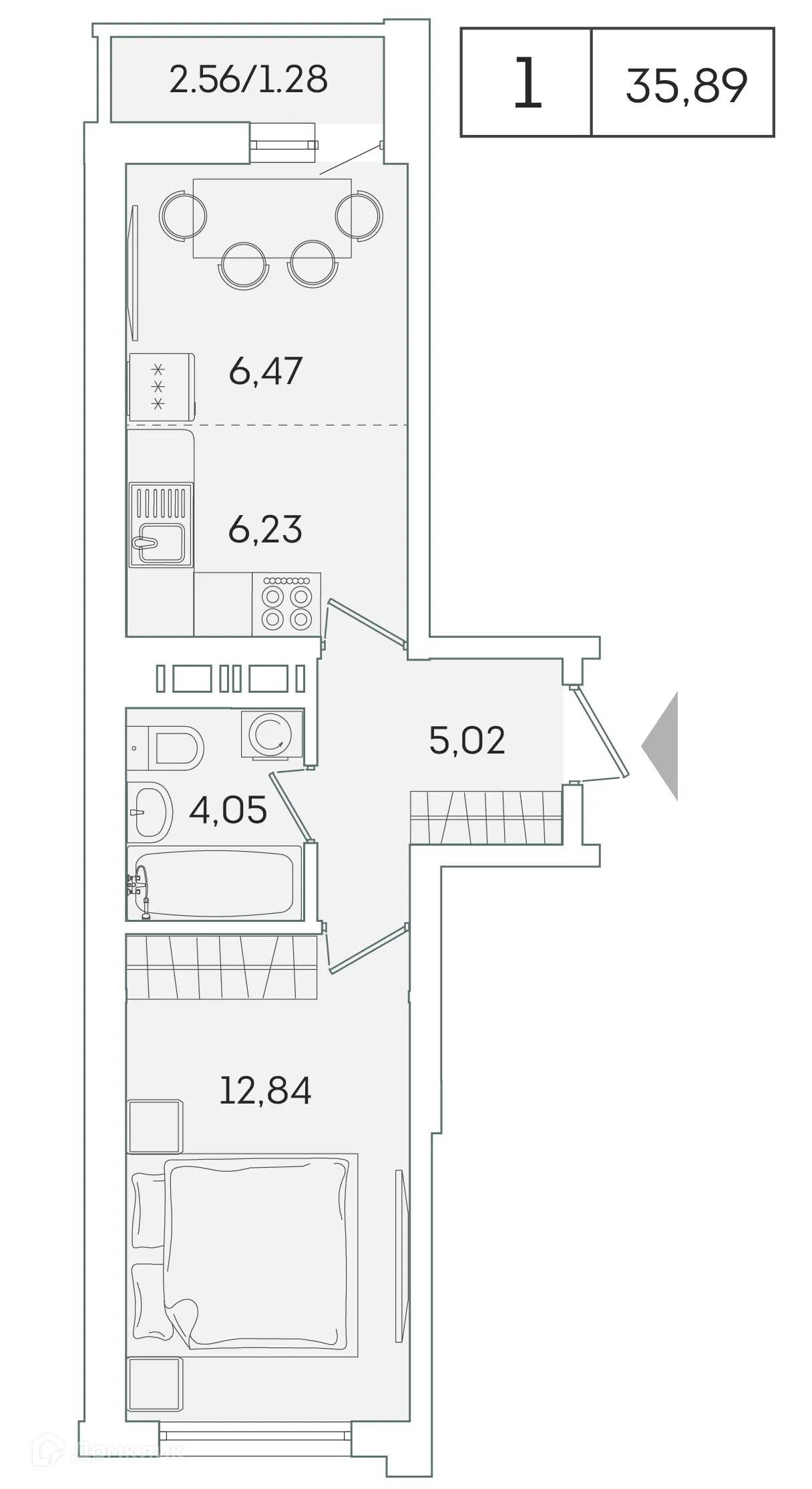 Планировка 1-комнатной квартиры 34.5 м² в ЖК "Лампо", г. Мурино — фото 1