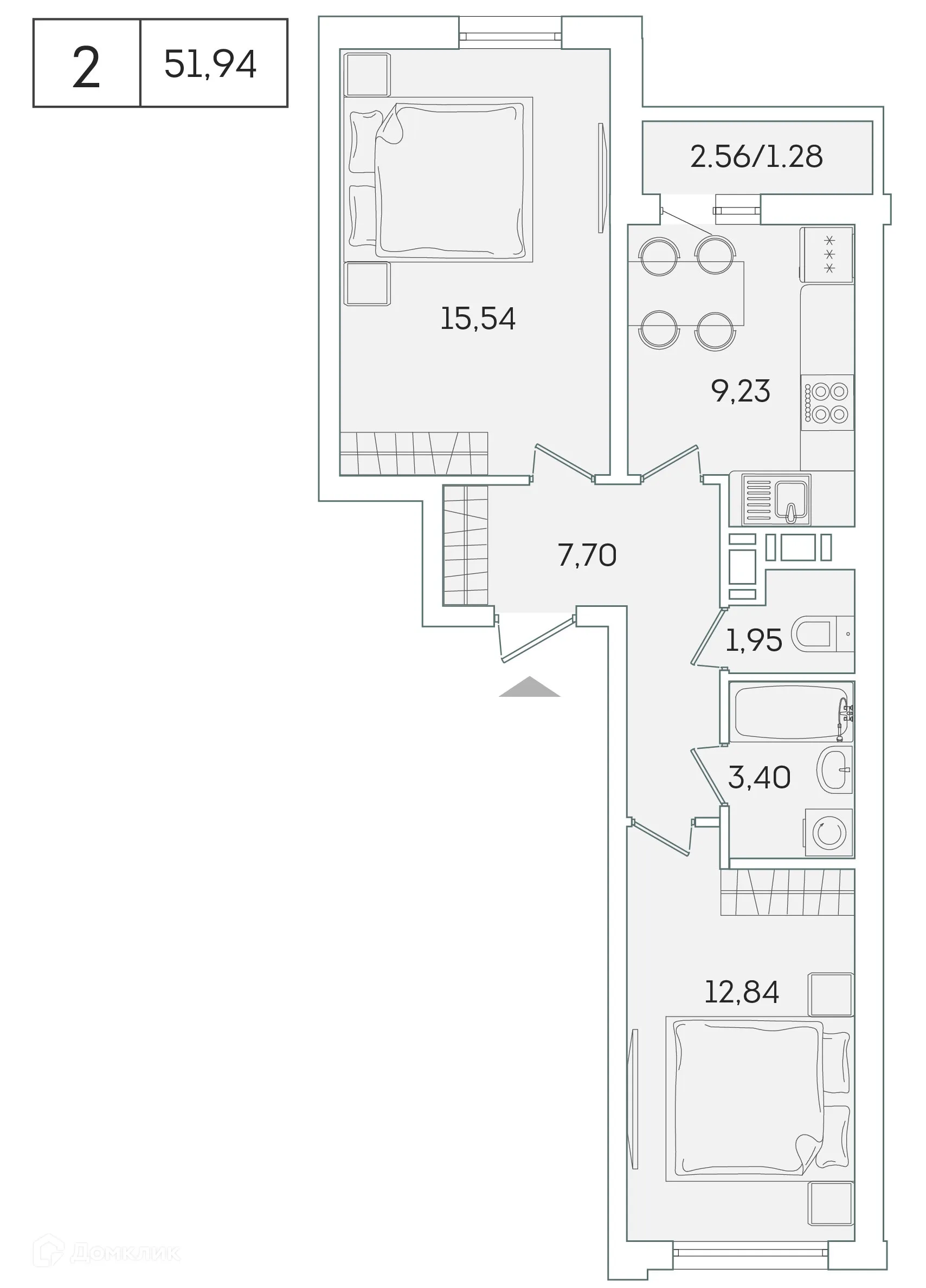 Планировка 2-комнатной квартиры 50.4 м² в ЖК "Лампо", г. Мурино — фото 1