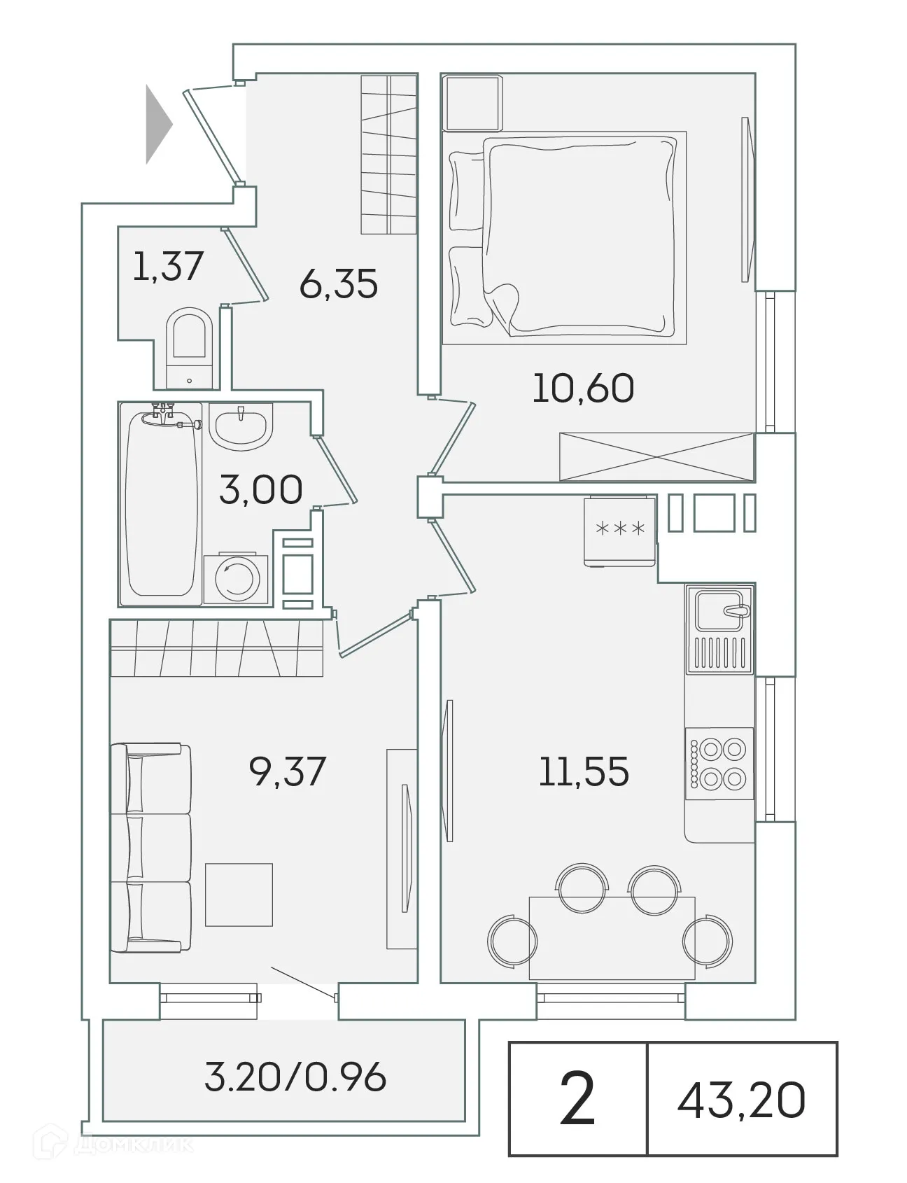 Планировка 2-комнатной квартиры 42.9 м² в ЖК "Лампо", г. Мурино — фото 1