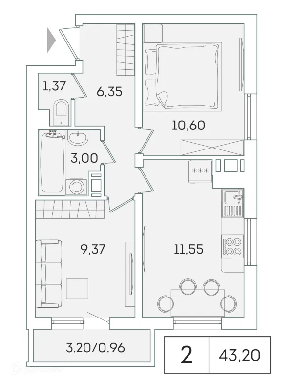 Планировка 2 комн. в ЖК "Лампо"
