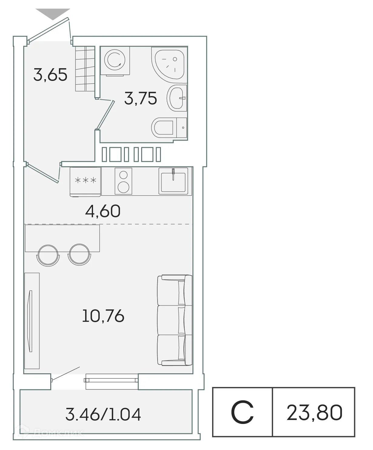 Планировка студии квартиры 22.8 м² в ЖК "Лампо", г. Мурино — фото 1