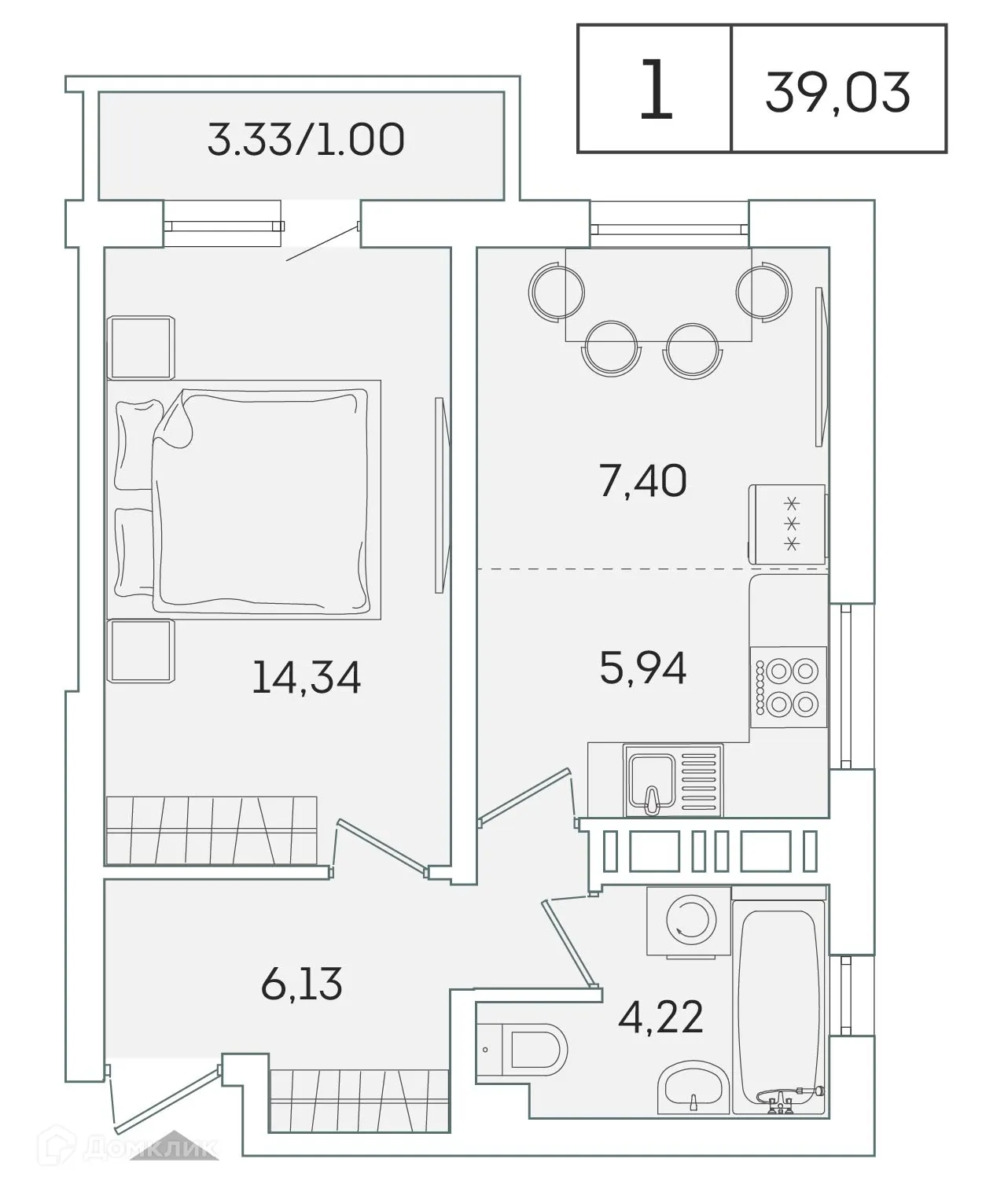 Планировка 1-комнатной квартиры 38.1 м² в ЖК "Лампо", г. Мурино — фото 1