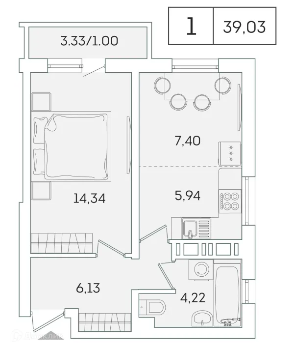 Планировка 1 комн. в ЖК "Лампо"