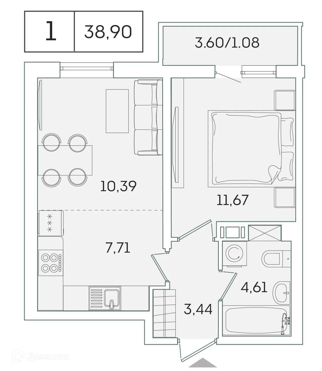 Планировка 1-комнатной квартиры 37.7 м² в ЖК "Лампо", г. Мурино — фото 1
