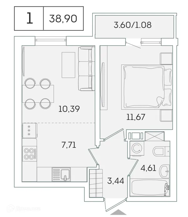 Планировка 1 комн. в ЖК "Лампо"