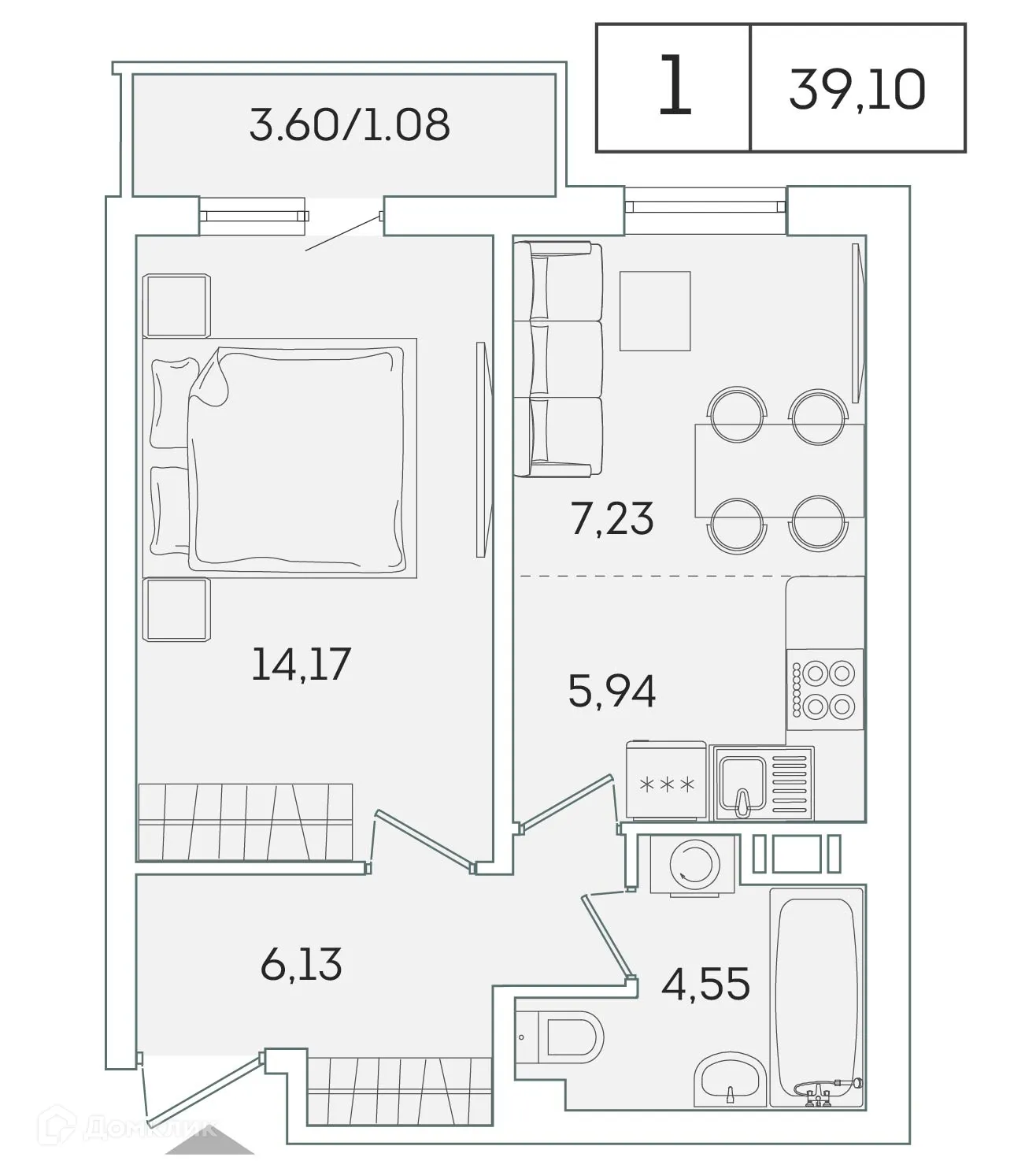 Планировка 1-комнатной квартиры 38.1 м² в ЖК "Лампо", г. Мурино — фото 1