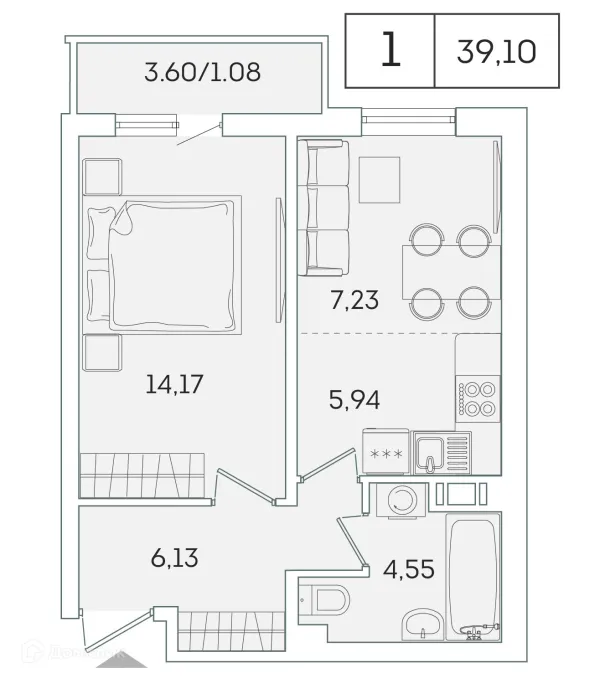 Планировка 1 комн. в ЖК "Лампо"