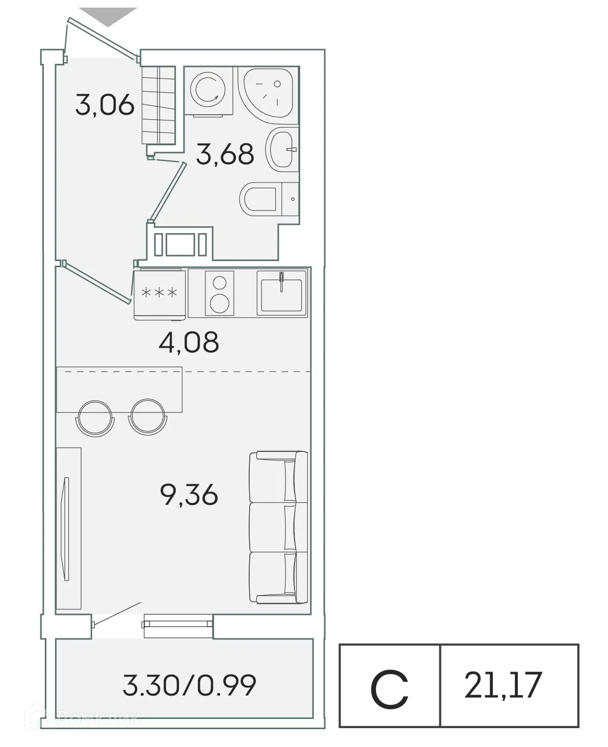 Планировка студии квартиры 20.3 м² в ЖК "Лампо", г. Мурино — фото 1