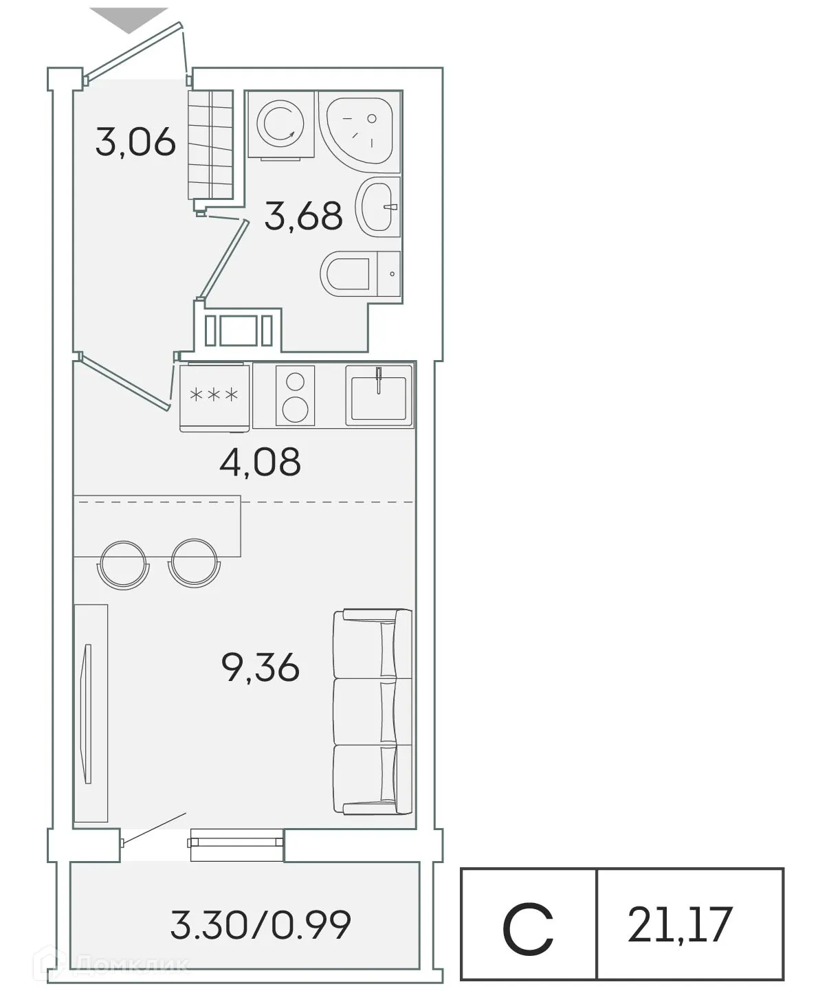 Планировка студии квартиры 20.2 м² в ЖК "Лампо", г. Мурино — фото 1