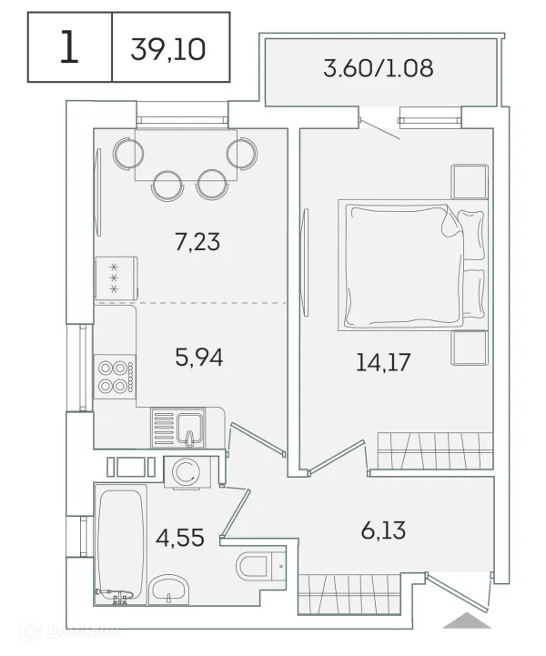 Планировка 1 комн. в ЖК "Лампо"