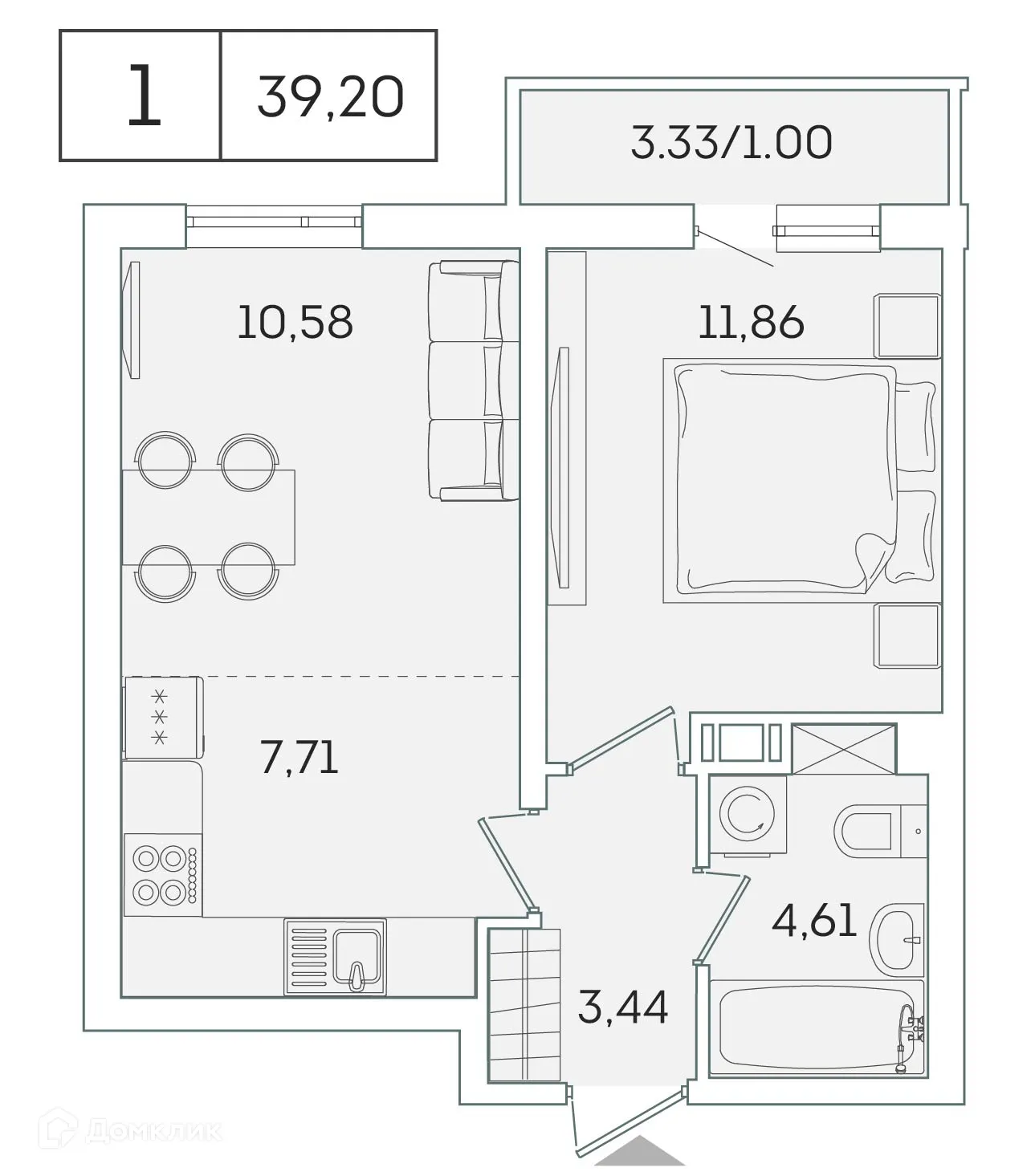 Планировка 1-комнатной квартиры 38 м² в ЖК "Лампо", г. Мурино — фото 1
