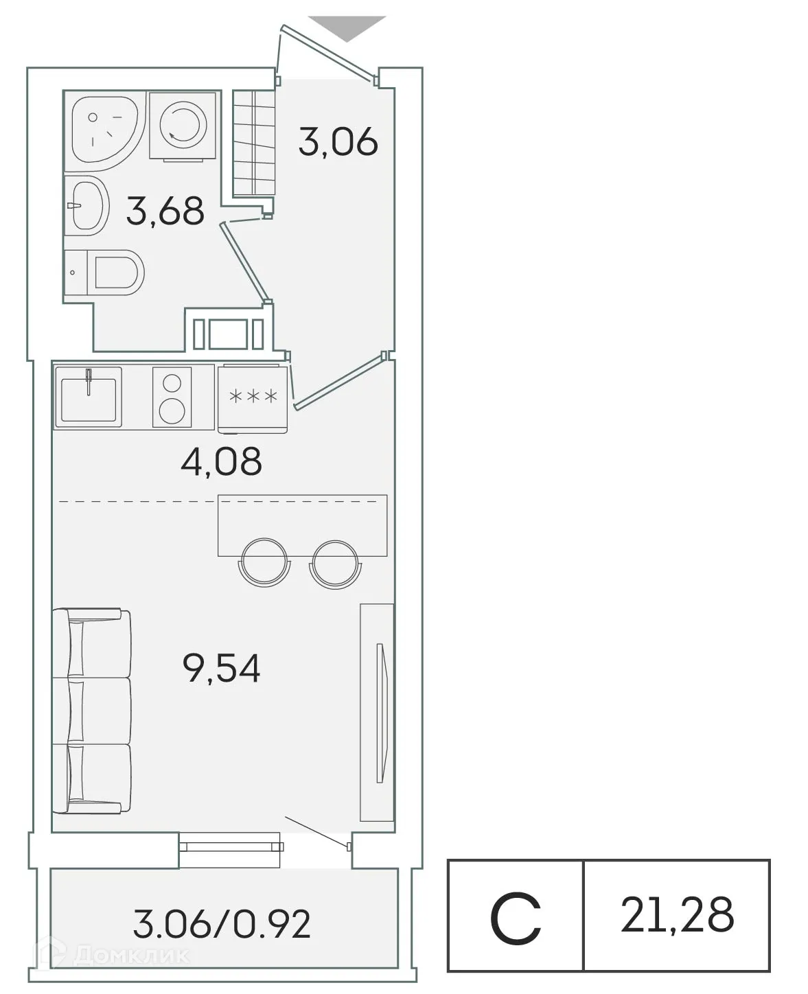 Планировка студии квартиры 20.4 м² в ЖК "Лампо", г. Мурино — фото 1