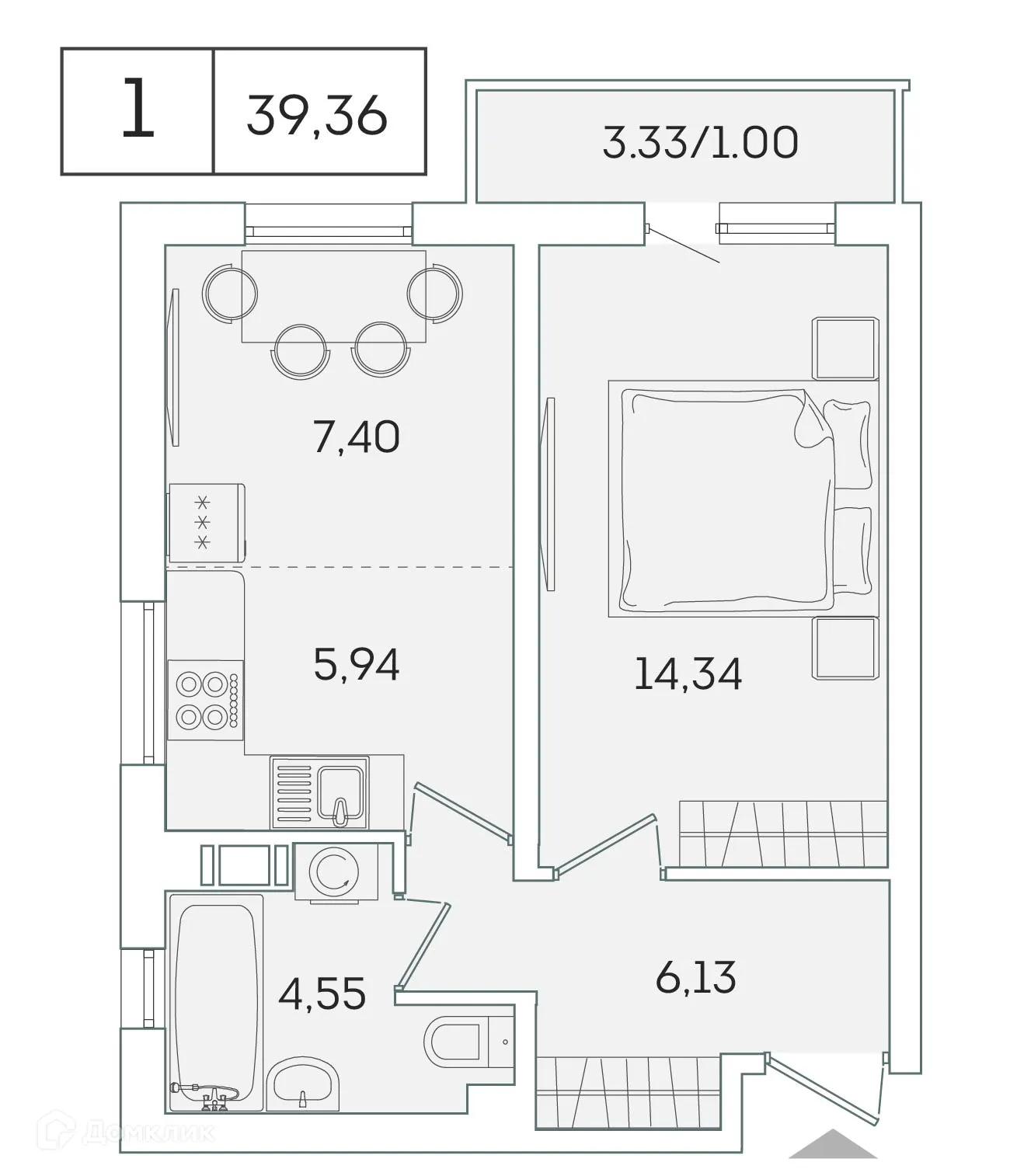 Планировка 1-комнатной квартиры 38.4 м² в ЖК "Лампо", г. Мурино — фото 1