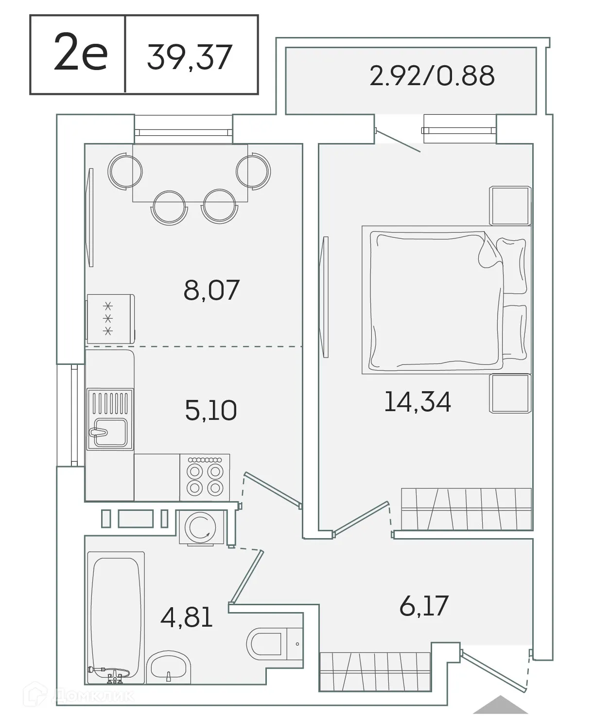 Планировка 1-комнатной квартиры 38.5 м² в ЖК "Лампо", г. Мурино — фото 1
