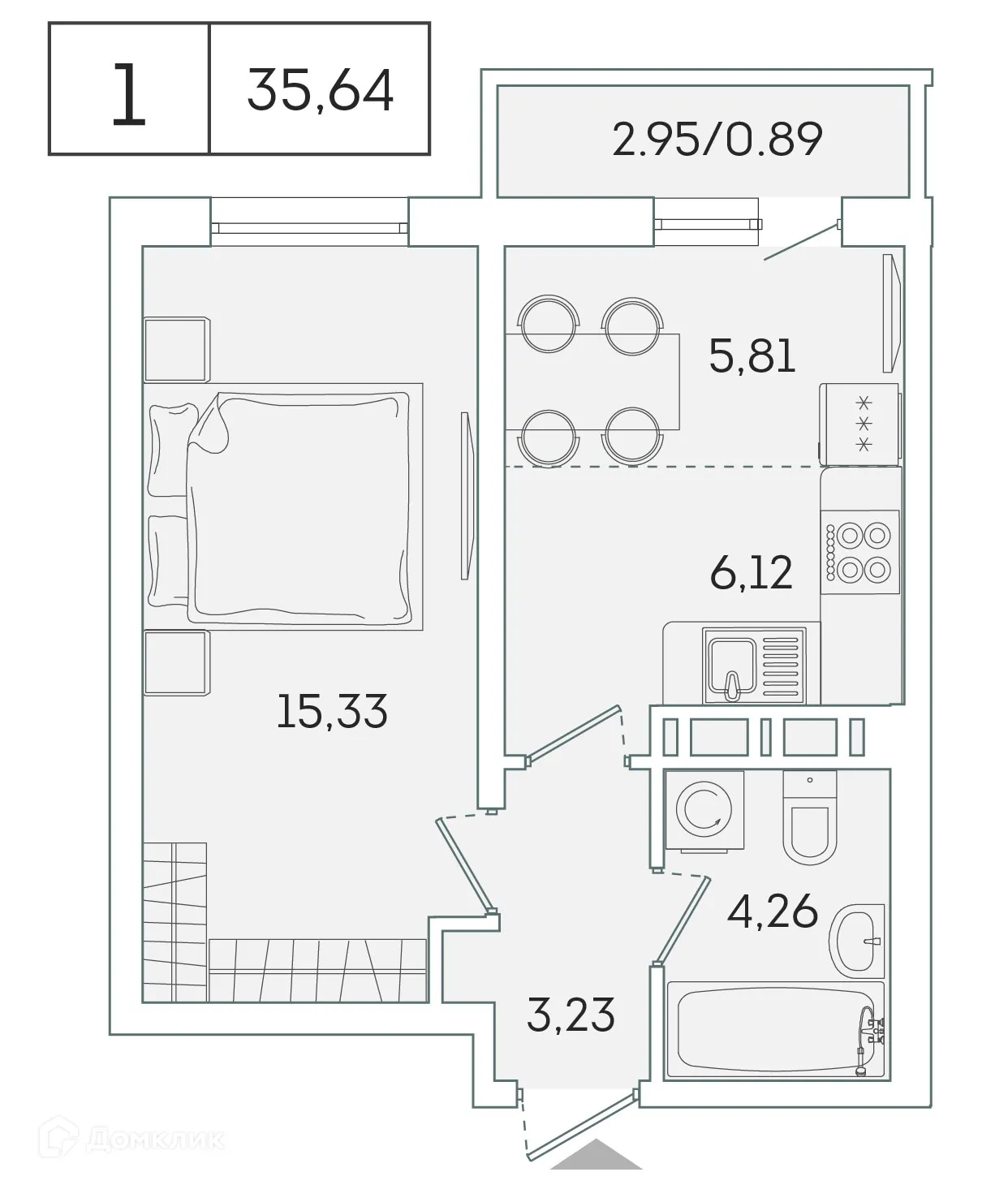 Планировка 1-комнатной квартиры 34.8 м² в ЖК "Лампо", г. Мурино — фото 1