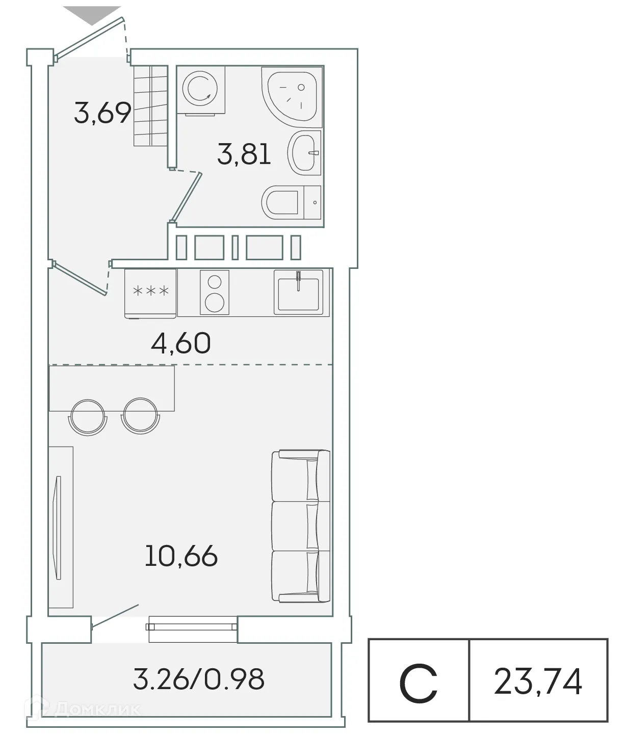 Планировка студии квартиры 22.7 м² в ЖК "Лампо", г. Мурино — фото 1