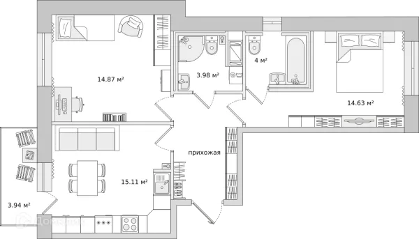 Планировка 2 комн. в ЖК ЦДС "Северный"