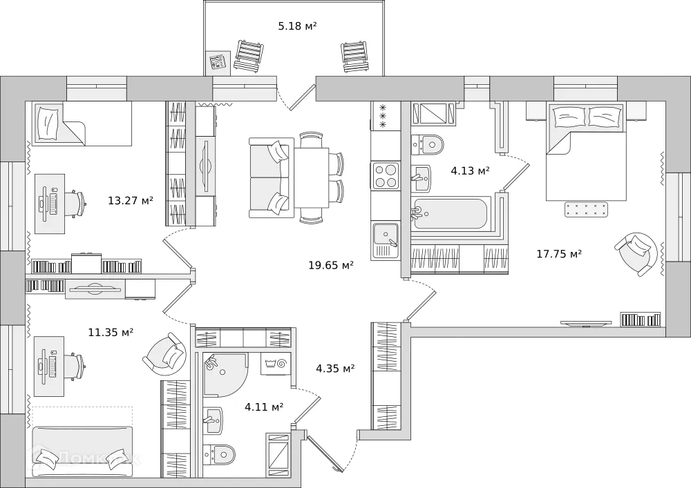 Планировка 3-комнатной квартиры 73.7 м² в ЖК ЦДС "Северный", г. Мурино — фото 1