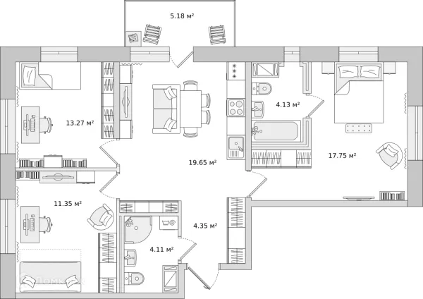 Планировка 3 комн. в ЖК ЦДС "Северный"