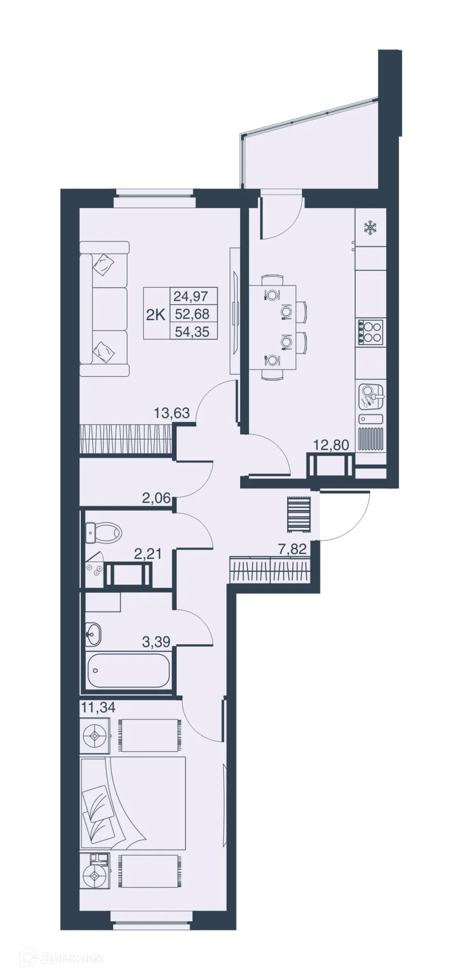 Планировка 2-комнатной квартиры 50.26 м² в ЖК Мурино Парк, г. Мурино — фото 1