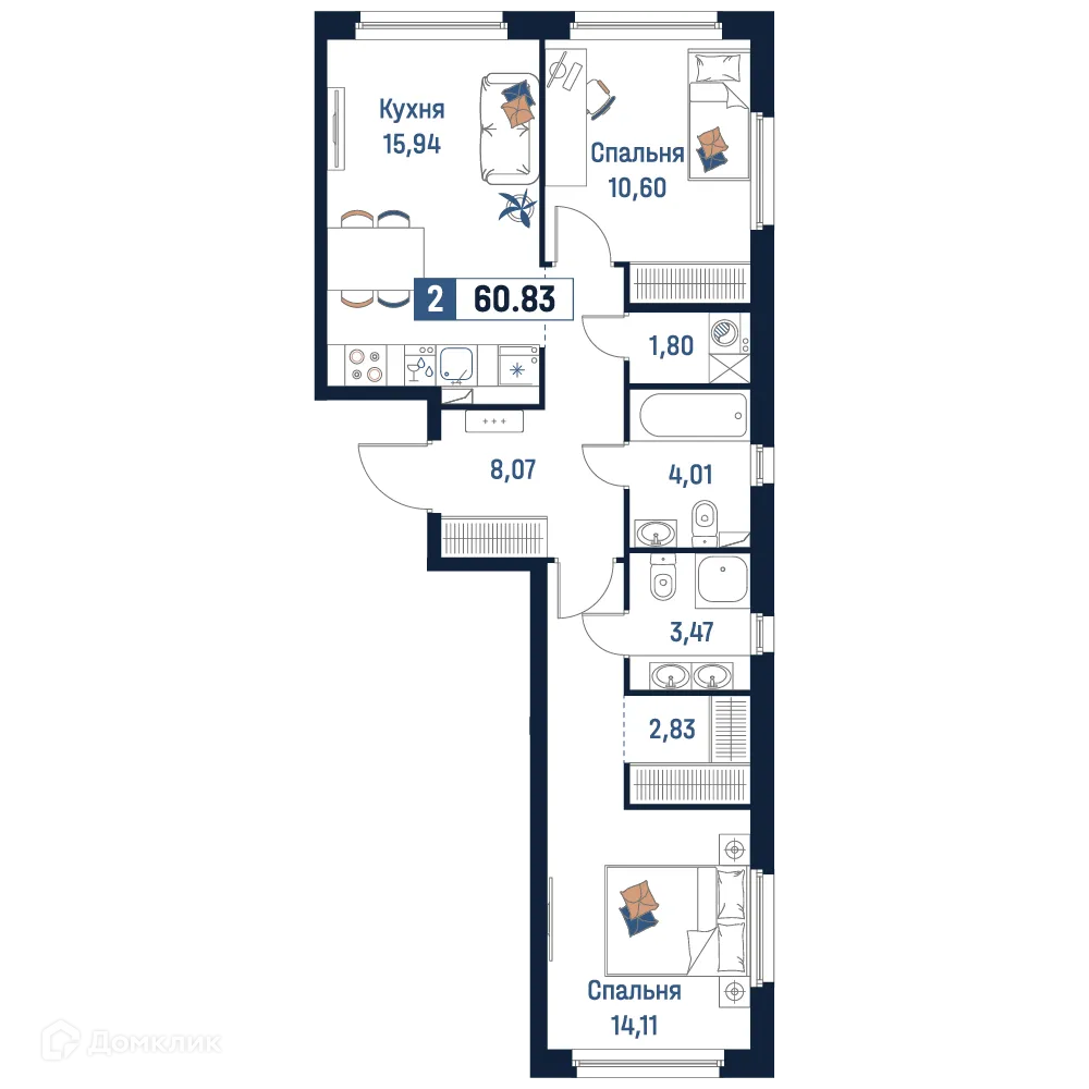 Планировка 2-комнатной квартиры 60.83 м² в ЖК Максималист, г. Мурино — фото 1