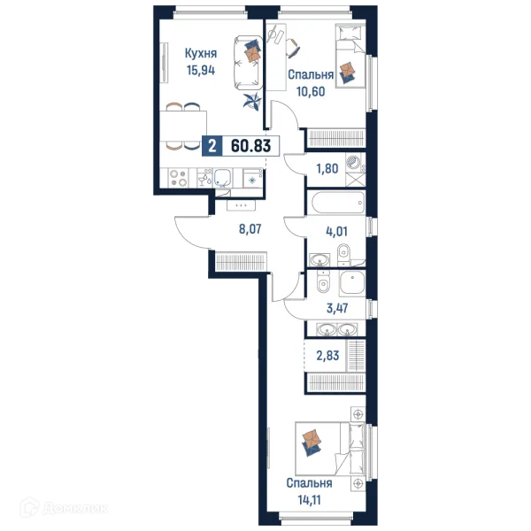 Планировка 2 комн. в ЖК Максималист