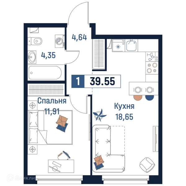 Планировка 1 комн. в ЖК Максималист