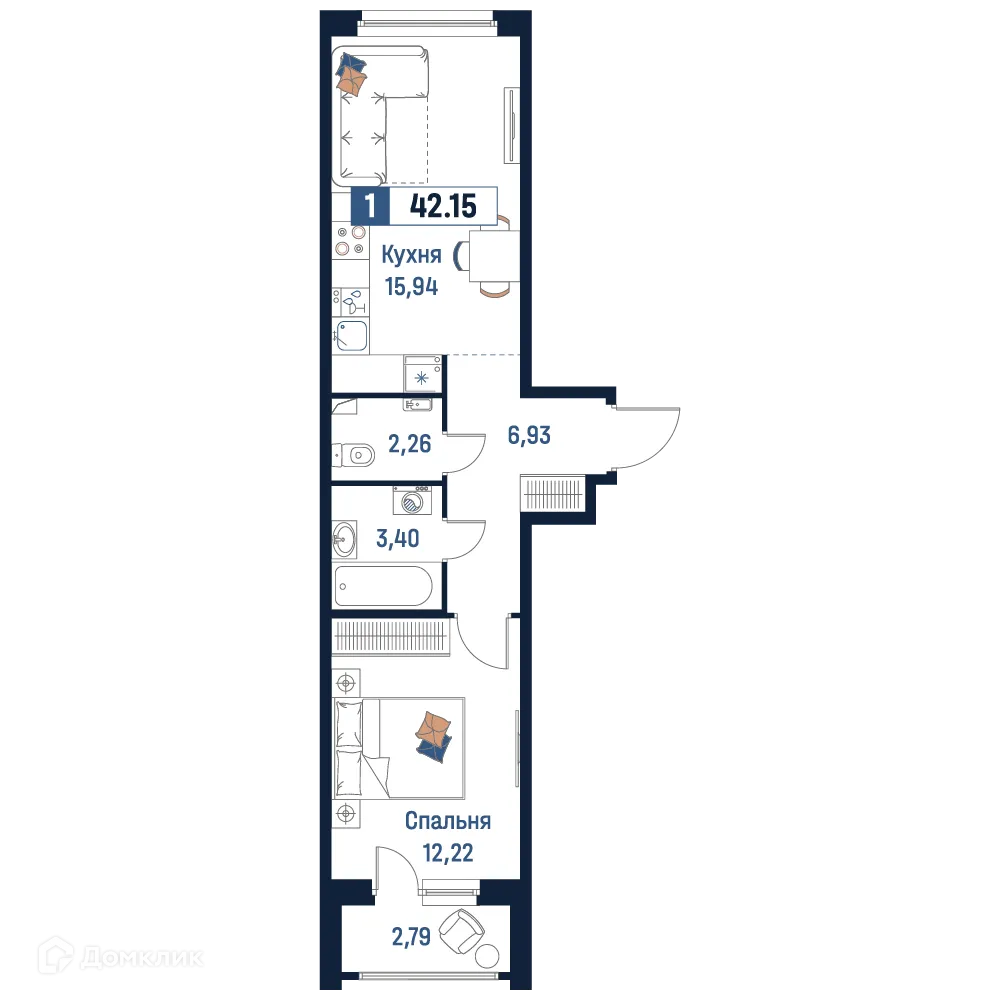 Планировка 1-комнатной квартиры 42.15 м² в ЖК Максималист, г. Мурино — фото 1