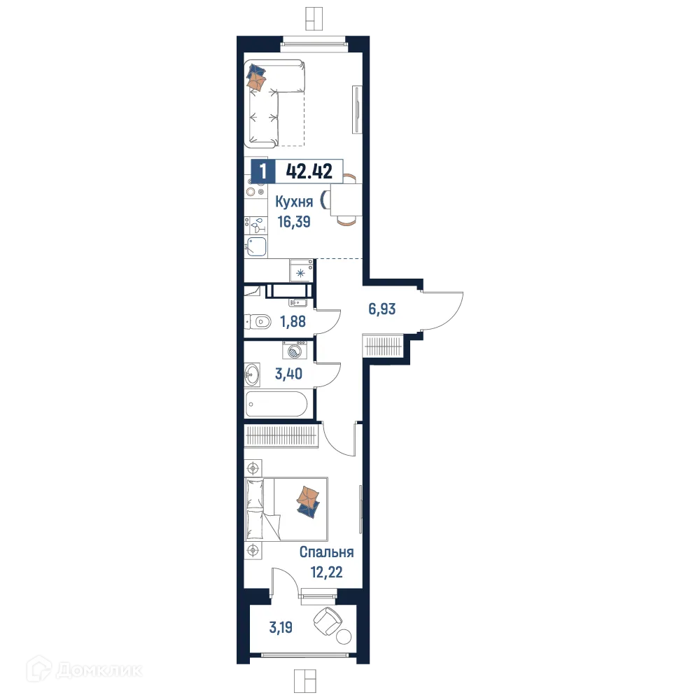 Планировка 1-комнатной квартиры 42.42 м² в ЖК Максималист, г. Мурино — фото 1