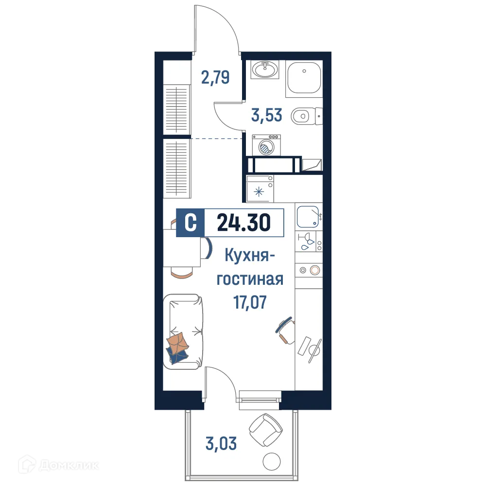 Планировка студии квартиры 24.3 м² в ЖК Максималист, г. Мурино — фото 1
