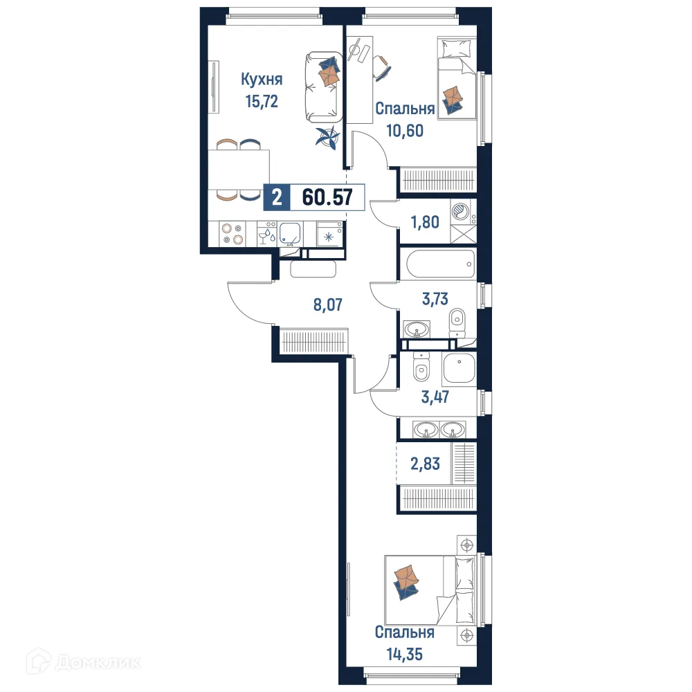 Планировка 2-комнатной квартиры 60.57 м² в ЖК Максималист, г. Мурино — фото 1